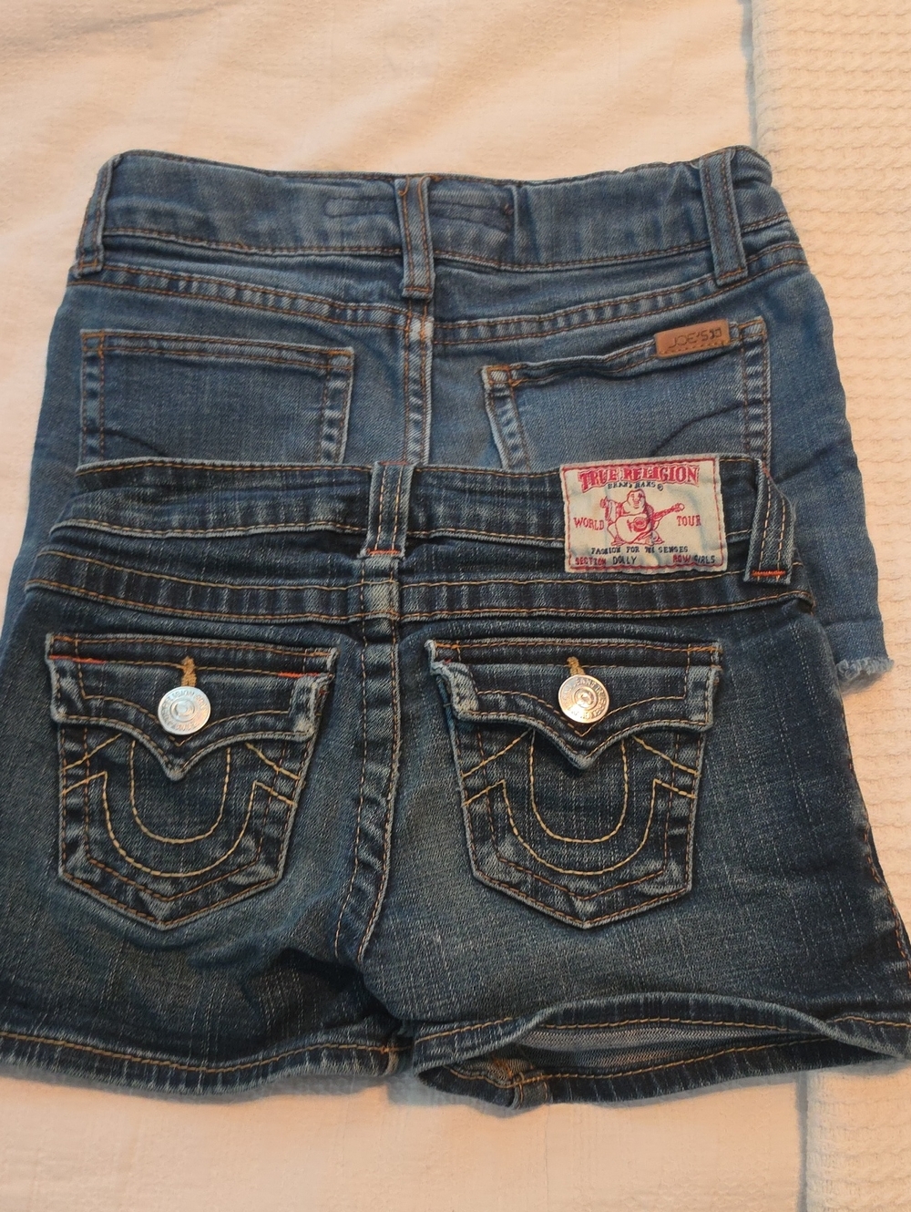 True Religion & Joe's Blue Washed Denim Shorts with Signature Back Pockets